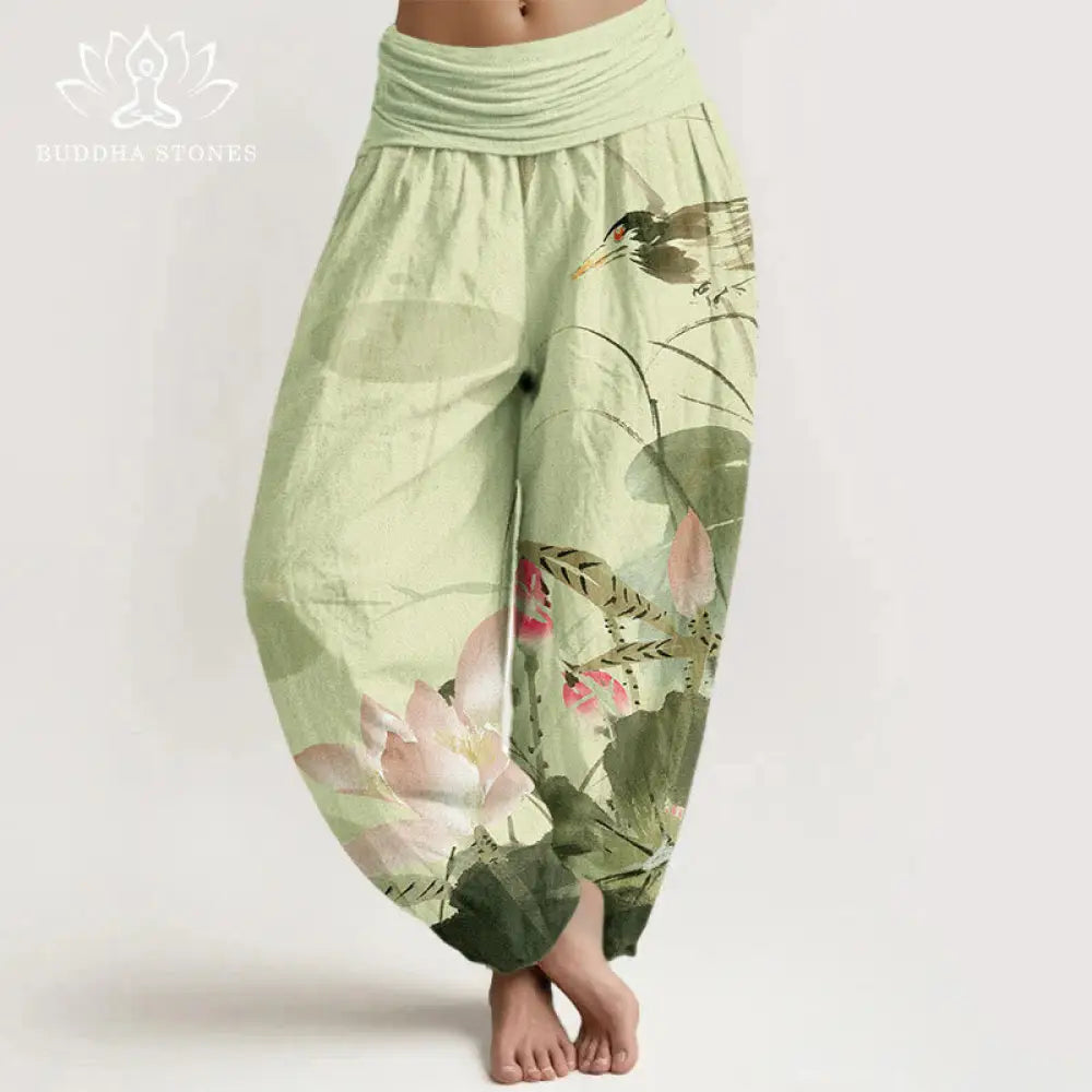 BWOOOH lotus print harem pants - Cotton Pink Lotus Leaves Bird Pattern Wo