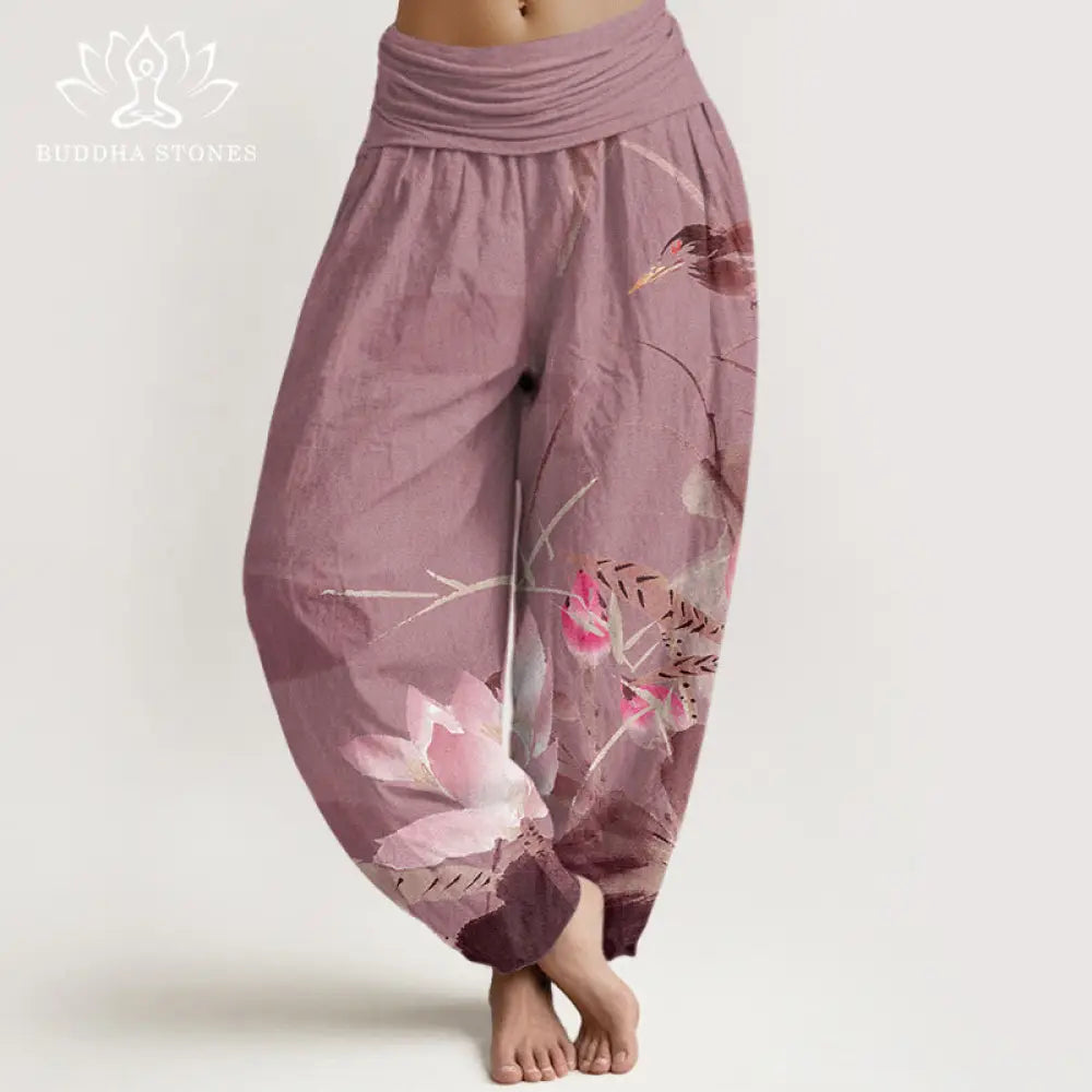 Buddha Stones Cotton Pink Lotus Leaves Bird Pattern Women’s Elastic Waist Harem Pants - PaleVioletRed / US2，UK/AU6，EU34