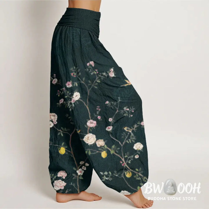 Buddha Stones Cotton Pink White Flowers Bamboo Leaves Fruits Design Women’s Elastic Waist Harem Pants - Women’s Harem