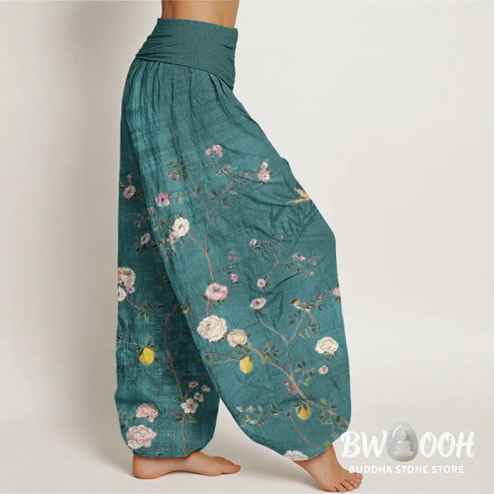 Buddha Stones Cotton Pink White Flowers Bamboo Leaves Fruits Design Women’s Elastic Waist Harem Pants - Women’s Harem