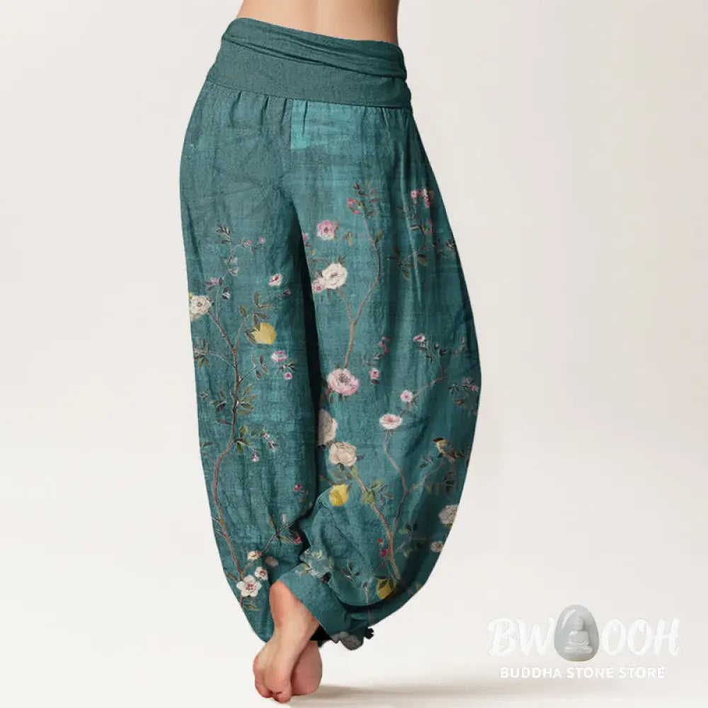 Buddha Stones Cotton Pink White Flowers Bamboo Leaves Fruits Design Women’s Elastic Waist Harem Pants - Women’s Harem