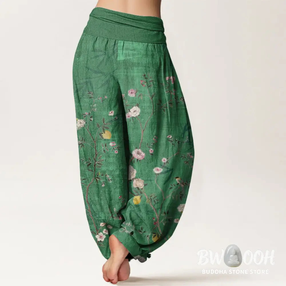 Buddha Stones Cotton Pink White Flowers Bamboo Leaves Fruits Design Women’s Elastic Waist Harem Pants - Women’s Harem
