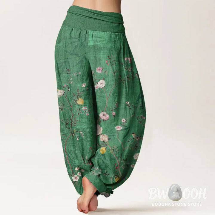 Buddha Stones Cotton Pink White Flowers Bamboo Leaves Fruits Design Women’s Elastic Waist Harem Pants - Women’s Harem