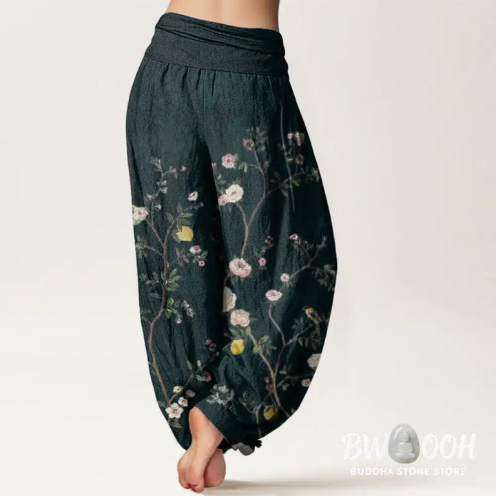 Buddha Stones Cotton Pink White Flowers Bamboo Leaves Fruits Design Women’s Elastic Waist Harem Pants - Women’s Harem