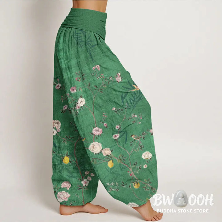 Buddha Stones Cotton Pink White Flowers Bamboo Leaves Fruits Design Women’s Elastic Waist Harem Pants - Women’s Harem