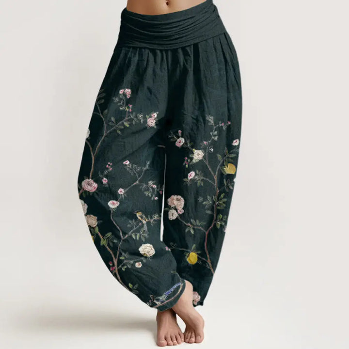 Buddha Stones Cotton Pink White Flowers Bamboo Leaves Fruits Design Women’s Elastic Waist Harem Pants - Black