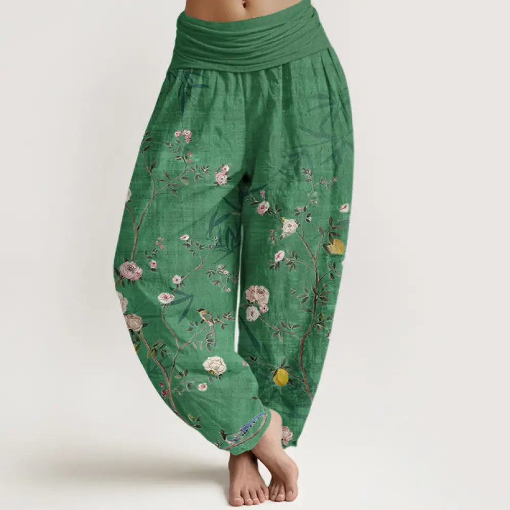 Buddha Stones Cotton Pink White Flowers Bamboo Leaves Fruits Design Women’s Elastic Waist Harem Pants - SpringGreen