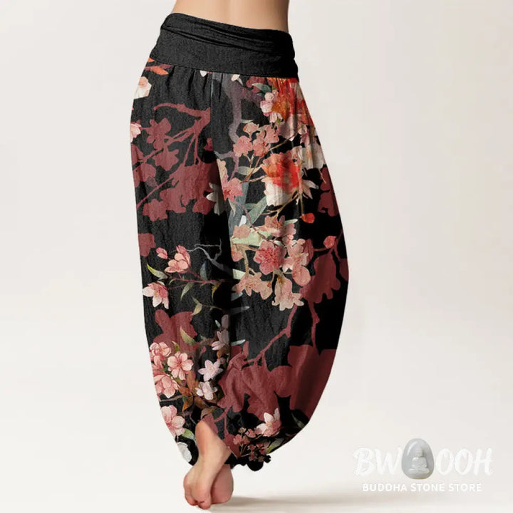 Buddha Stones Cotton Red Pink Blooming Flowers Lush Branches Women’s Elastic Waist Harem Pants - Women’s Harem Pants
