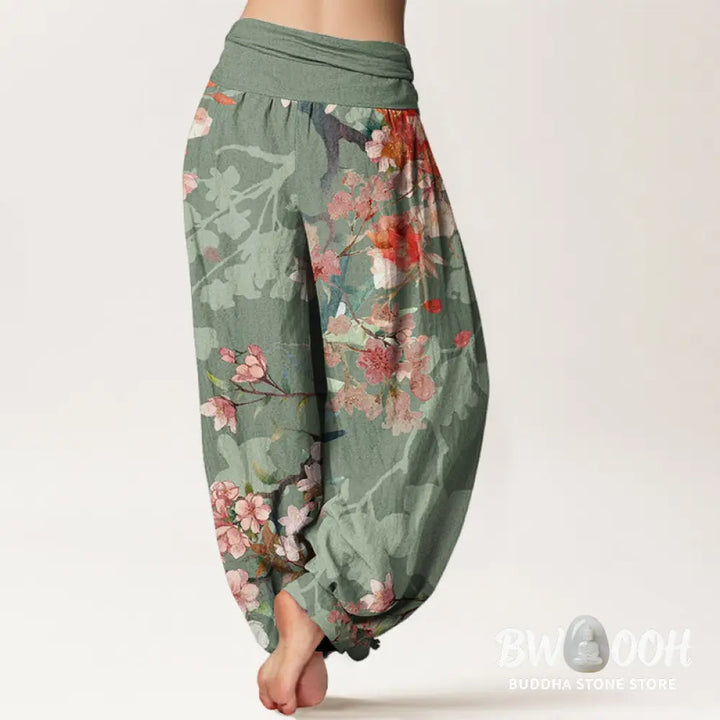 Buddha Stones Cotton Red Pink Blooming Flowers Lush Branches Women’s Elastic Waist Harem Pants - Women’s Harem Pants