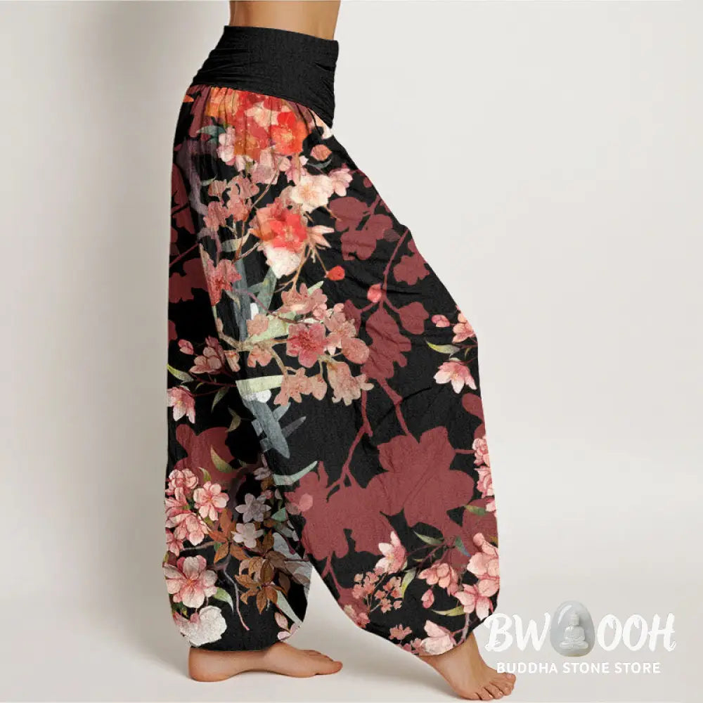 Buddha Stones Cotton Red Pink Blooming Flowers Lush Branches Women’s Elastic Waist Harem Pants - Women’s Harem Pants