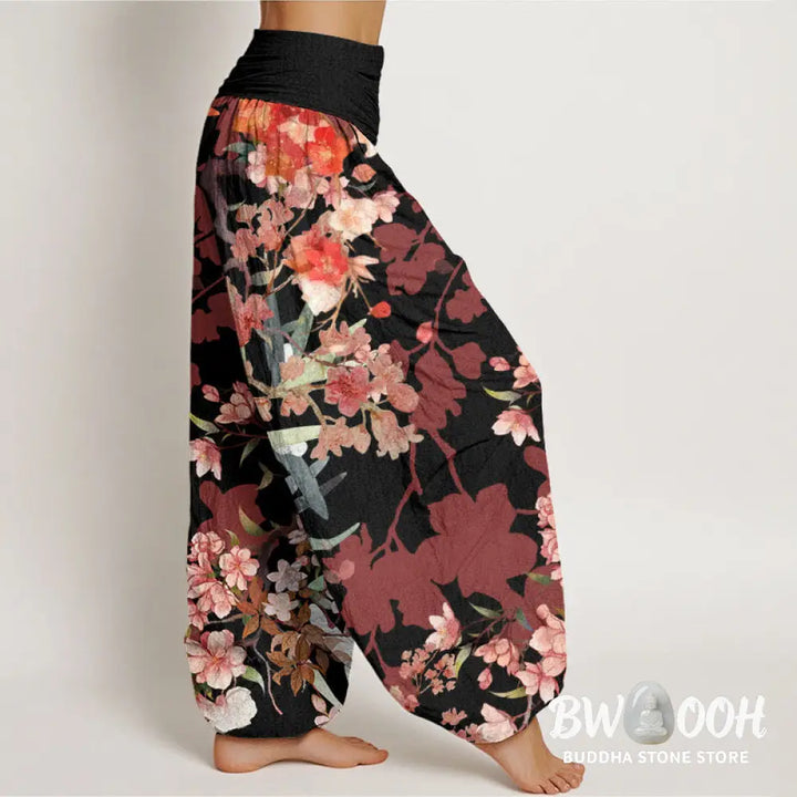 Buddha Stones Cotton Red Pink Blooming Flowers Lush Branches Women’s Elastic Waist Harem Pants - Women’s Harem Pants