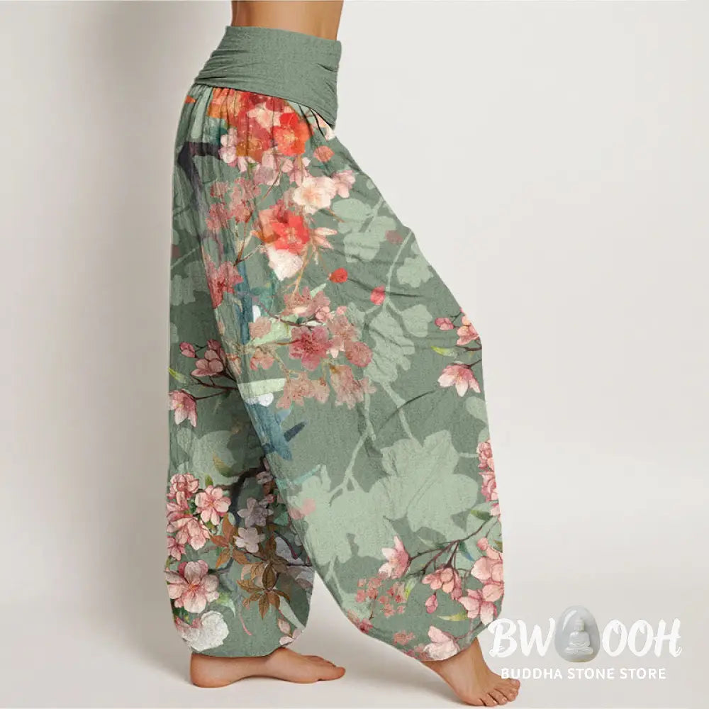Buddha Stones Cotton Red Pink Blooming Flowers Lush Branches Women’s Elastic Waist Harem Pants - Women’s Harem Pants