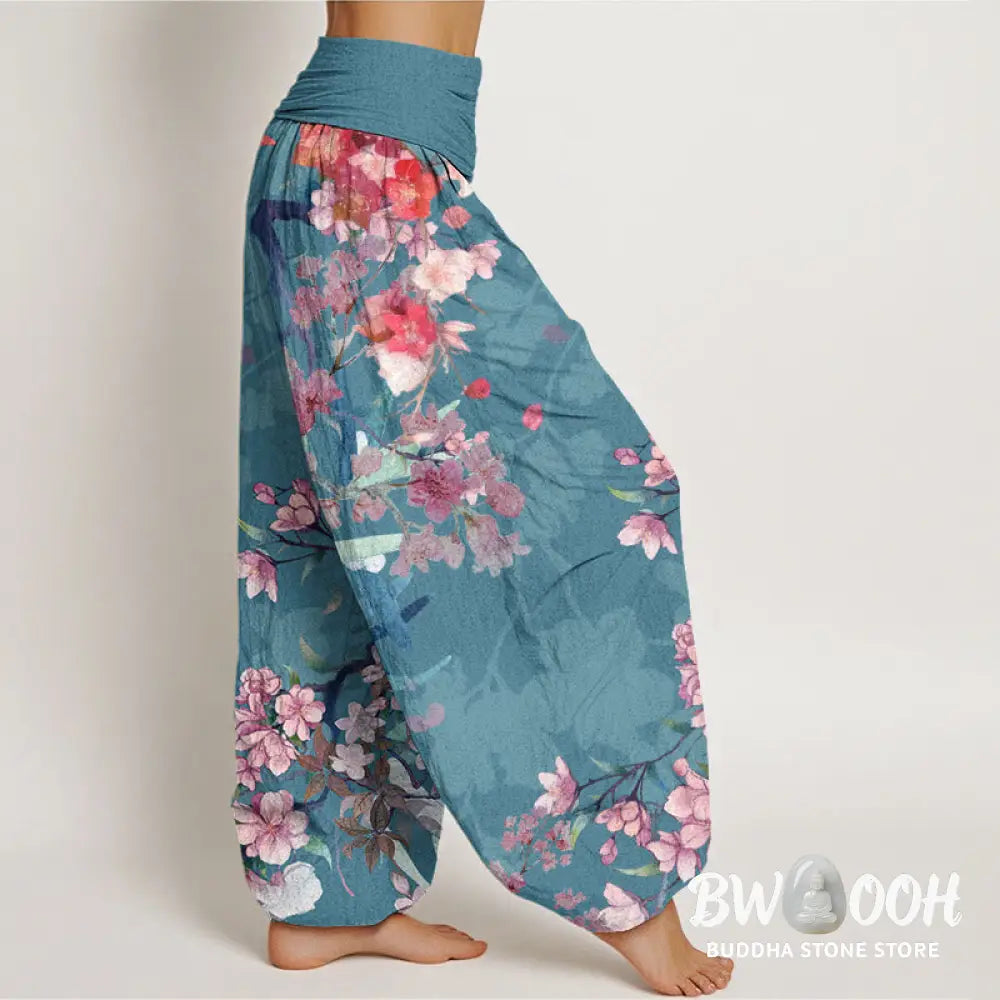 Buddha Stones Cotton Red Pink Blooming Flowers Lush Branches Women’s Elastic Waist Harem Pants - Women’s Harem Pants