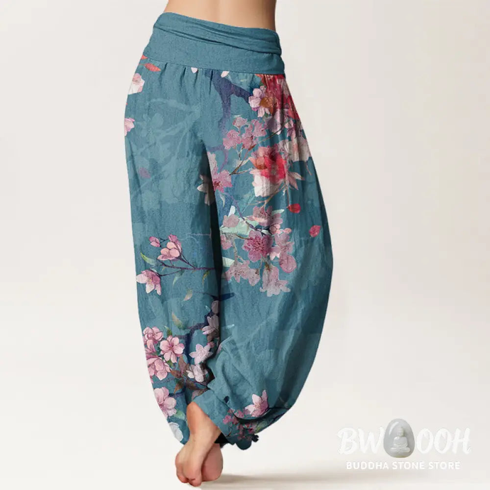 Buddha Stones Cotton Red Pink Blooming Flowers Lush Branches Women’s Elastic Waist Harem Pants - Women’s Harem Pants