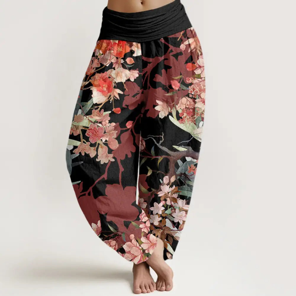 Buddha Stones Cotton Red Pink Blooming Flowers Lush Branches Women’s Elastic Waist Harem Pants - Black