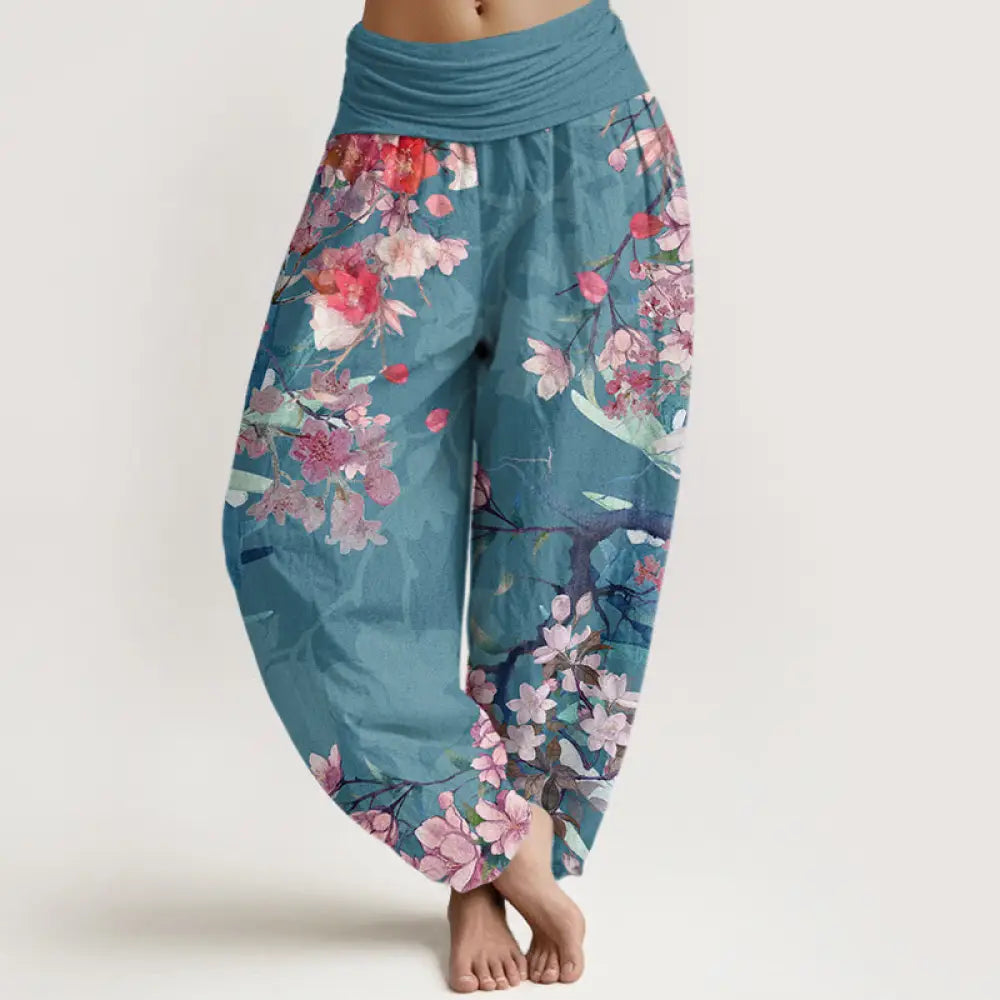 Buddha Stones Cotton Red Pink Blooming Flowers Lush Branches Women’s Elastic Waist Harem Pants - DarkCyan