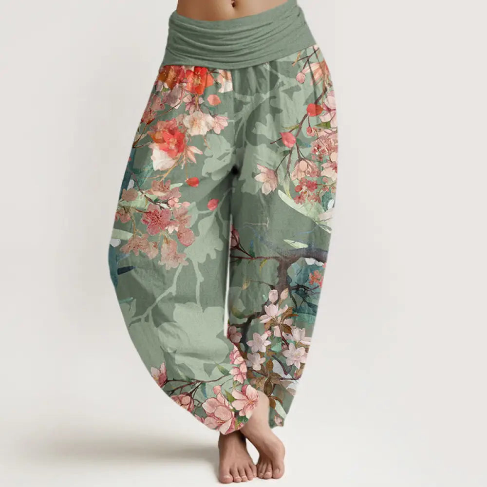 BWOOOH printed harem pants - Cotton Red Pink Blooming Flowers Lush Br