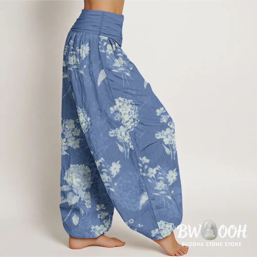 Buddha Stones Cotton Refresh Hydrangea Clustered Flowers Pattern Women’s Elastic Waist Harem Pants - Women’s Harem Pants
