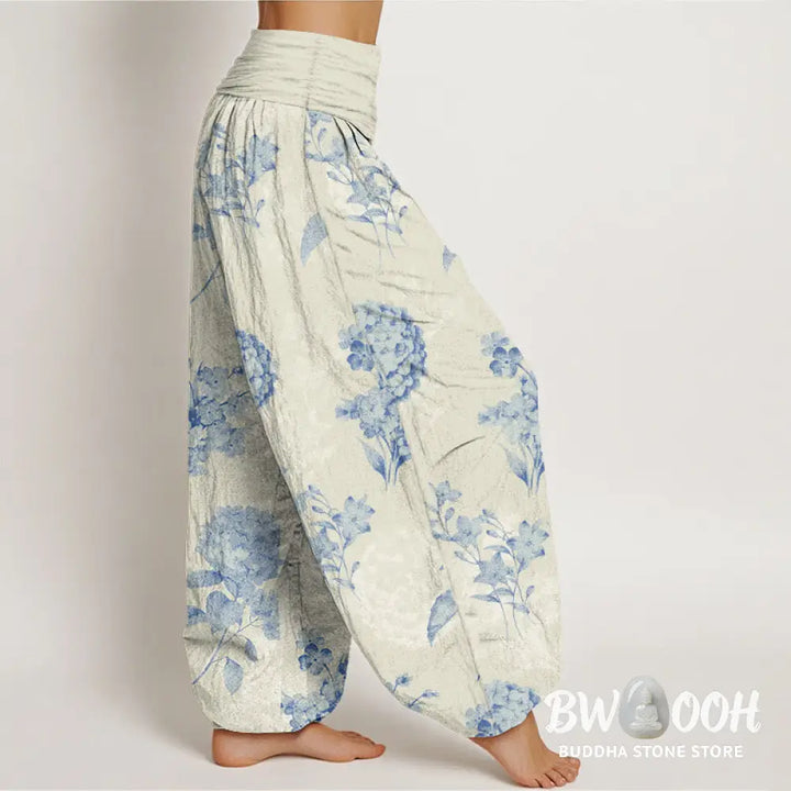 Buddha Stones Cotton Refresh Hydrangea Clustered Flowers Pattern Women’s Elastic Waist Harem Pants - Women’s Harem Pants