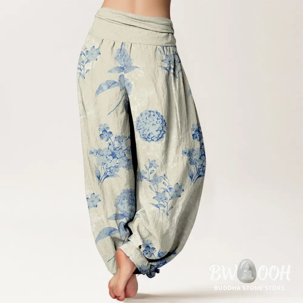 Buddha Stones Cotton Refresh Hydrangea Clustered Flowers Pattern Women’s Elastic Waist Harem Pants - Women’s Harem Pants