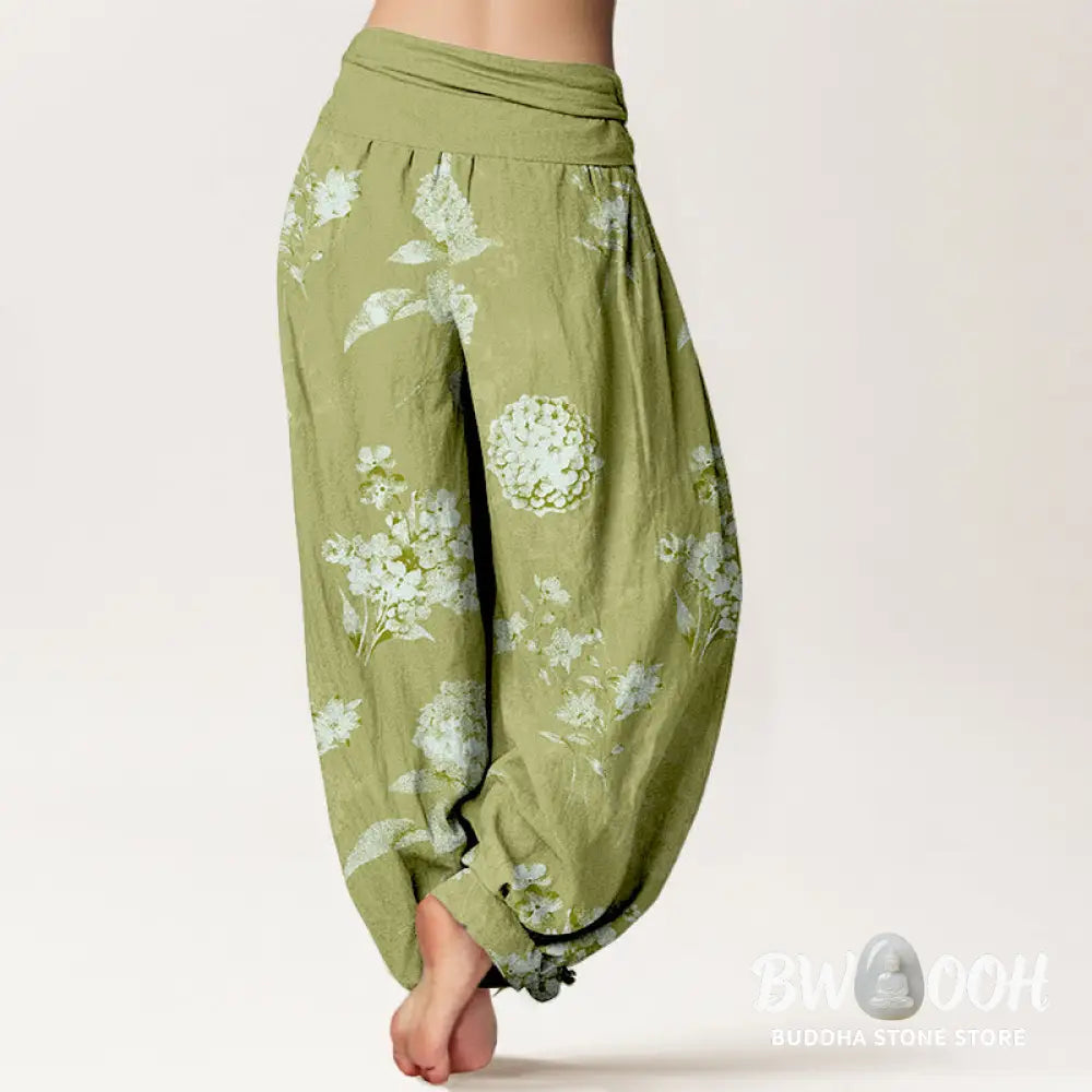Buddha Stones Cotton Refresh Hydrangea Clustered Flowers Pattern Women’s Elastic Waist Harem Pants - Women’s Harem Pants