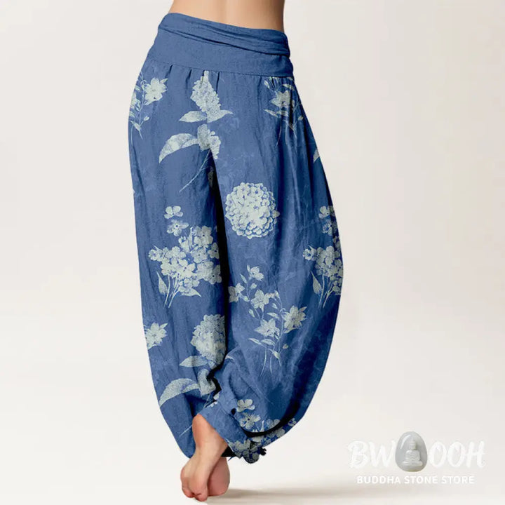 Buddha Stones Cotton Refresh Hydrangea Clustered Flowers Pattern Women’s Elastic Waist Harem Pants - Women’s Harem Pants
