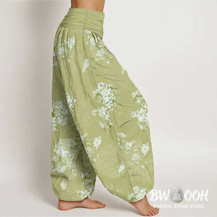 Buddha Stones Cotton Refresh Hydrangea Clustered Flowers Pattern Women’s Elastic Waist Harem Pants - Women’s Harem Pants