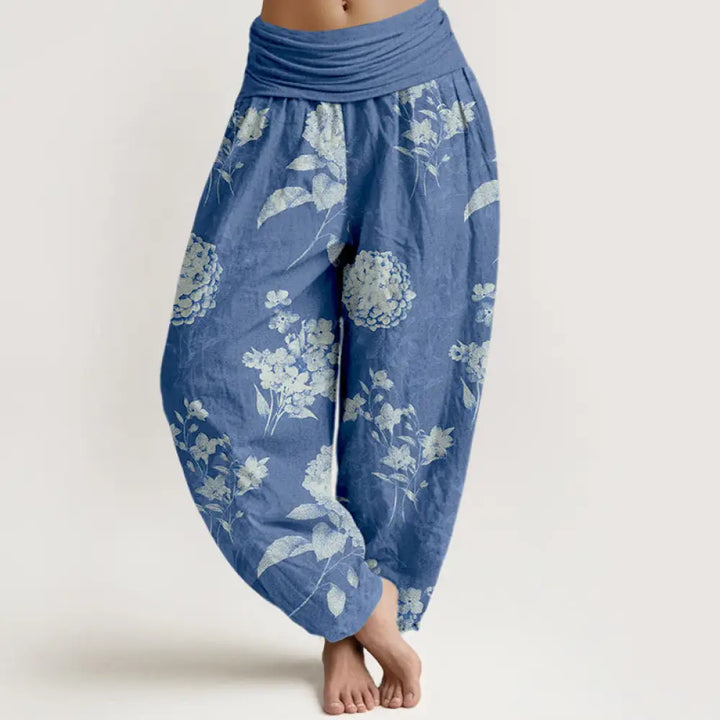 Buddha Stones Cotton Refresh Hydrangea Clustered Flowers Pattern Women’s Elastic Waist Harem Pants - RoyalBlue