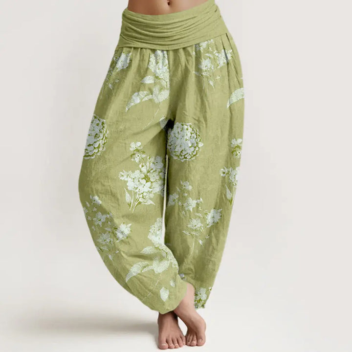 Buddha Stones Cotton Refresh Hydrangea Clustered Flowers Pattern Women’s Elastic Waist Harem Pants - YellowGreen