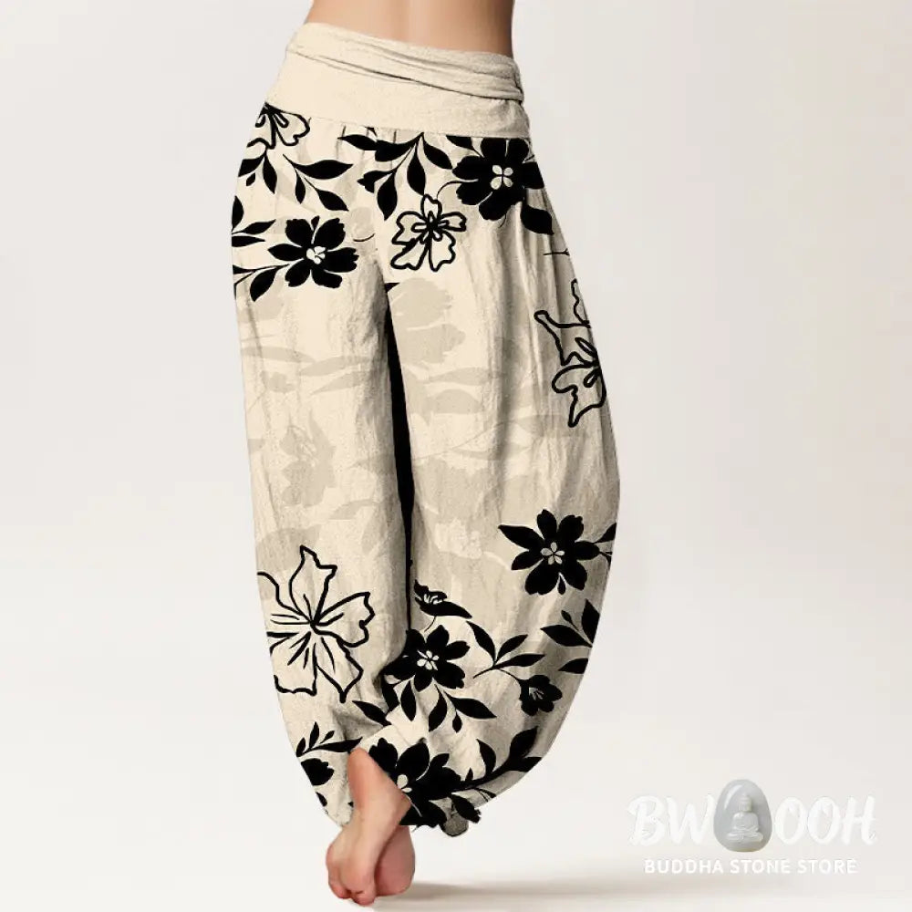 Buddha Stones Cotton Retro Simple Flowers Leaves Pattern Women’s Elastic Waist Harem Pants - Women’s Harem Pants