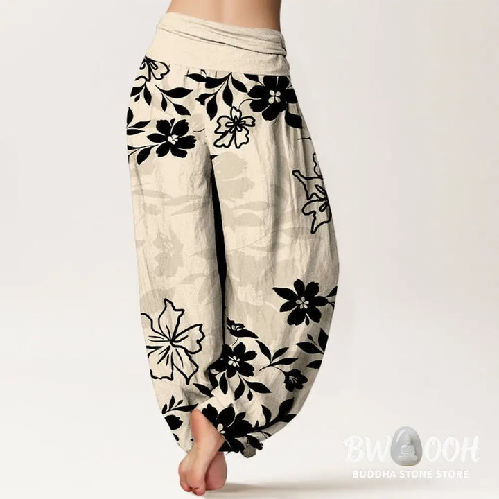 Buddha Stones Cotton Retro Simple Flowers Leaves Pattern Women’s Elastic Waist Harem Pants - Women’s Harem Pants