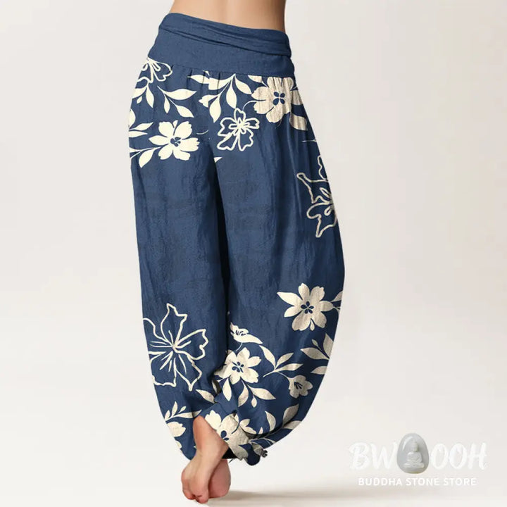 Buddha Stones Cotton Retro Simple Flowers Leaves Pattern Women’s Elastic Waist Harem Pants - Women’s Harem Pants