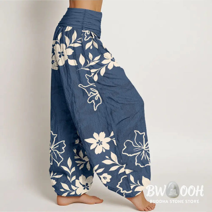 Buddha Stones Cotton Retro Simple Flowers Leaves Pattern Women’s Elastic Waist Harem Pants - Women’s Harem Pants