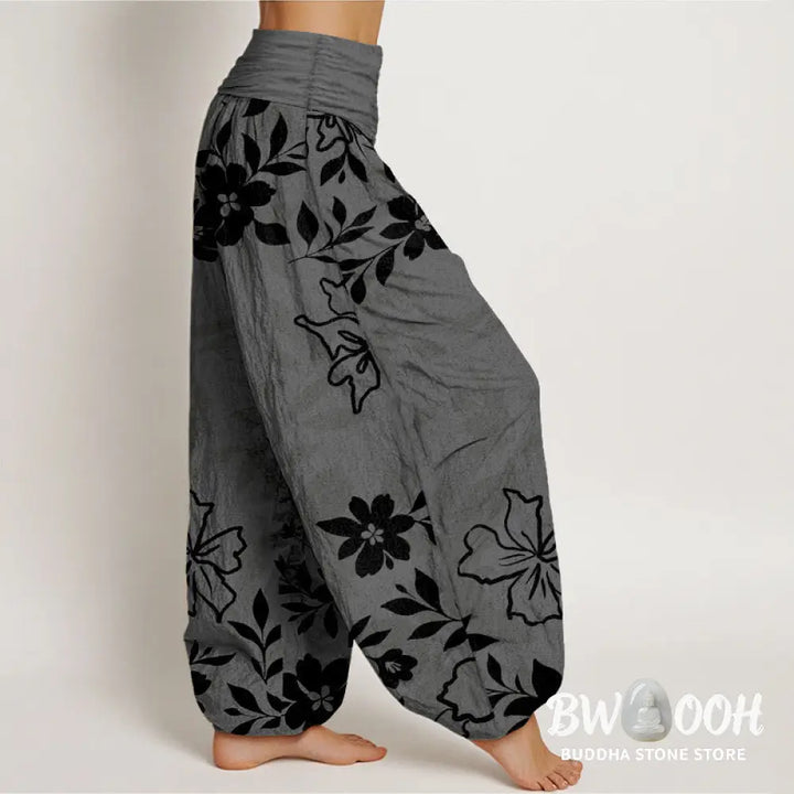Buddha Stones Cotton Retro Simple Flowers Leaves Pattern Women’s Elastic Waist Harem Pants - Women’s Harem Pants