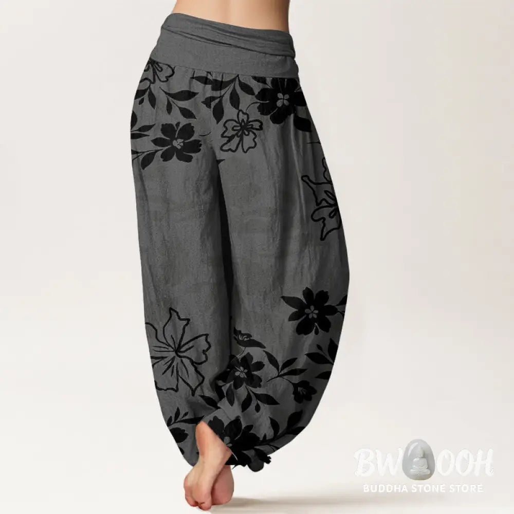 Buddha Stones Cotton Retro Simple Flowers Leaves Pattern Women’s Elastic Waist Harem Pants - Women’s Harem Pants