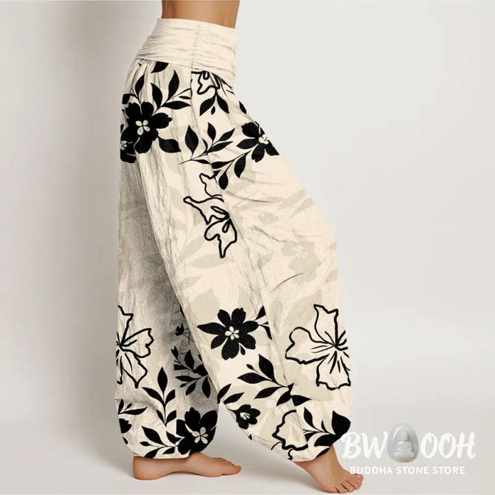Buddha Stones Cotton Retro Simple Flowers Leaves Pattern Women’s Elastic Waist Harem Pants - Women’s Harem Pants
