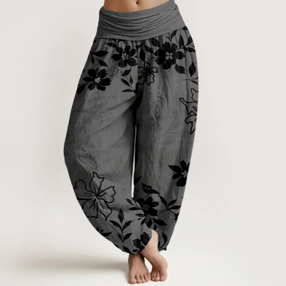Buddha Stones Cotton Retro Simple Flowers Leaves Pattern Women’s Elastic Waist Harem Pants - DimGray / US2，UK/AU6，EU34