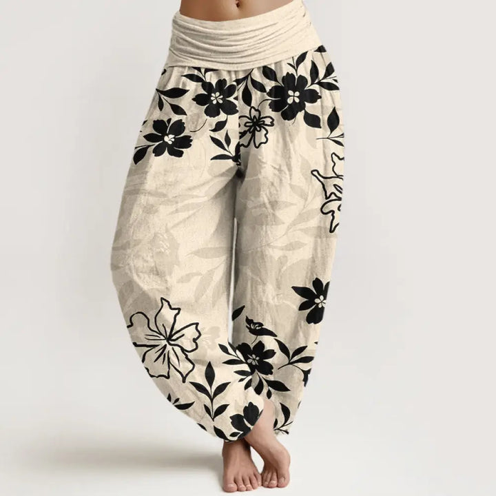 Buddha Stones Cotton Retro Simple Flowers Leaves Pattern Women’s Elastic Waist Harem Pants - PapayaWhip