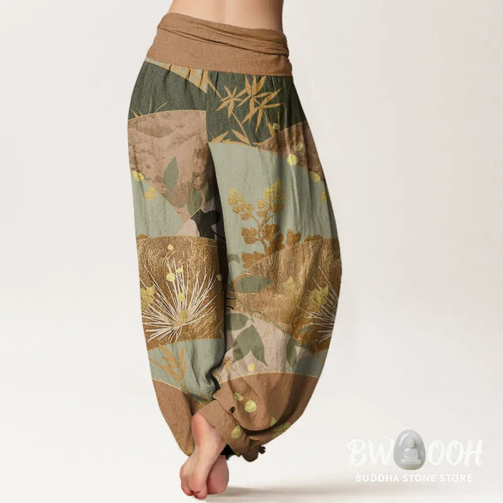 Buddha Stones Cotton Semicircle Leaves Pattern Women’s Elastic Waist Harem Pants - Women’s Harem Pants