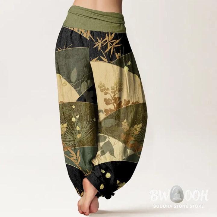 Buddha Stones Cotton Semicircle Leaves Pattern Women’s Elastic Waist Harem Pants - Women’s Harem Pants