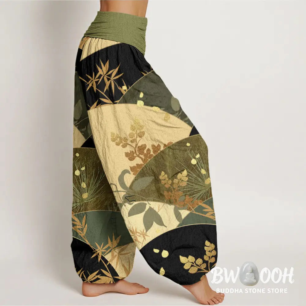 Buddha Stones Cotton Semicircle Leaves Pattern Women’s Elastic Waist Harem Pants - Women’s Harem Pants