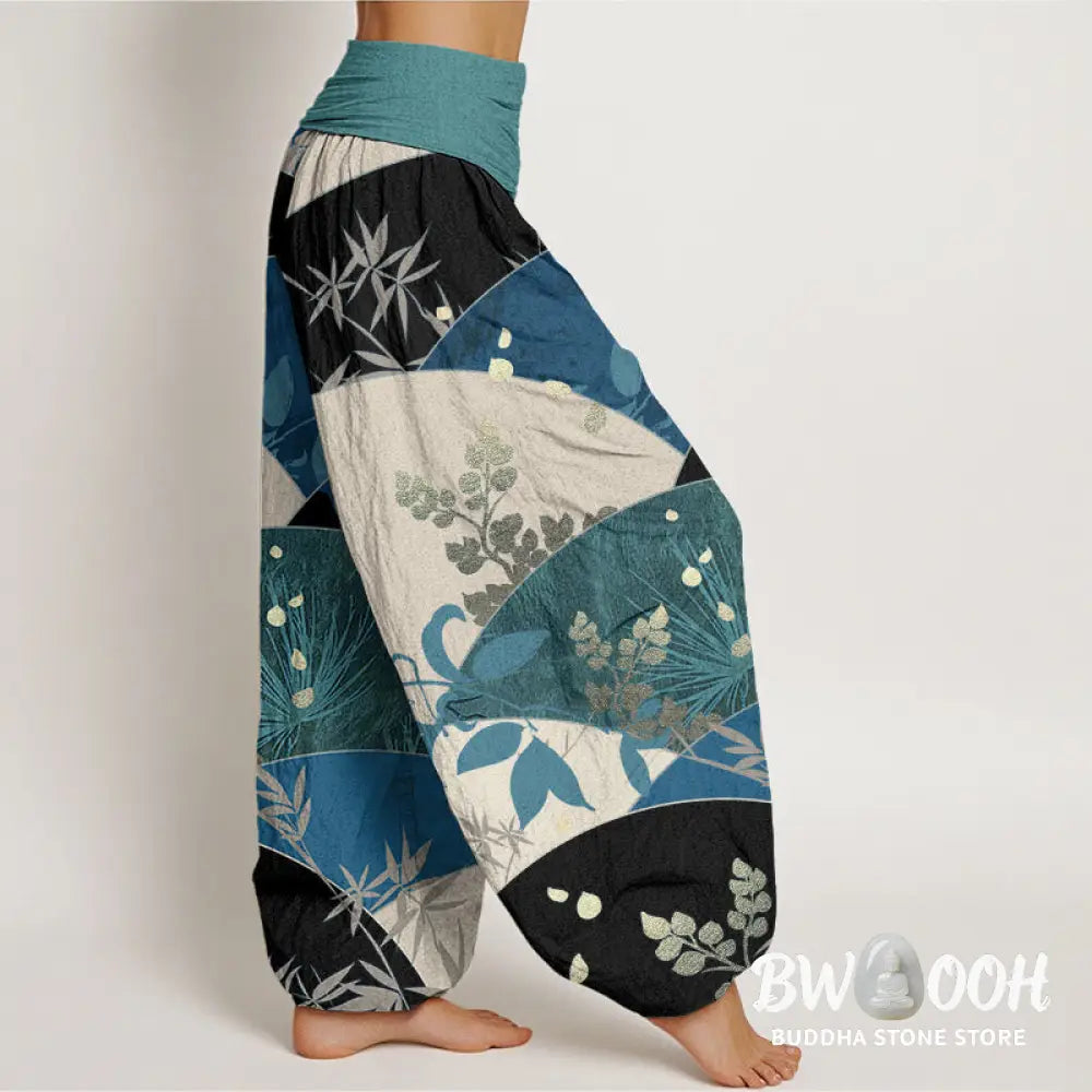 Buddha Stones Cotton Semicircle Leaves Pattern Women’s Elastic Waist Harem Pants - Women’s Harem Pants