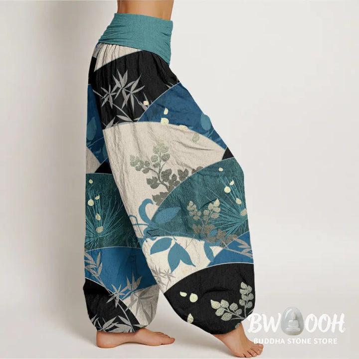 Buddha Stones Cotton Semicircle Leaves Pattern Women’s Elastic Waist Harem Pants - Women’s Harem Pants