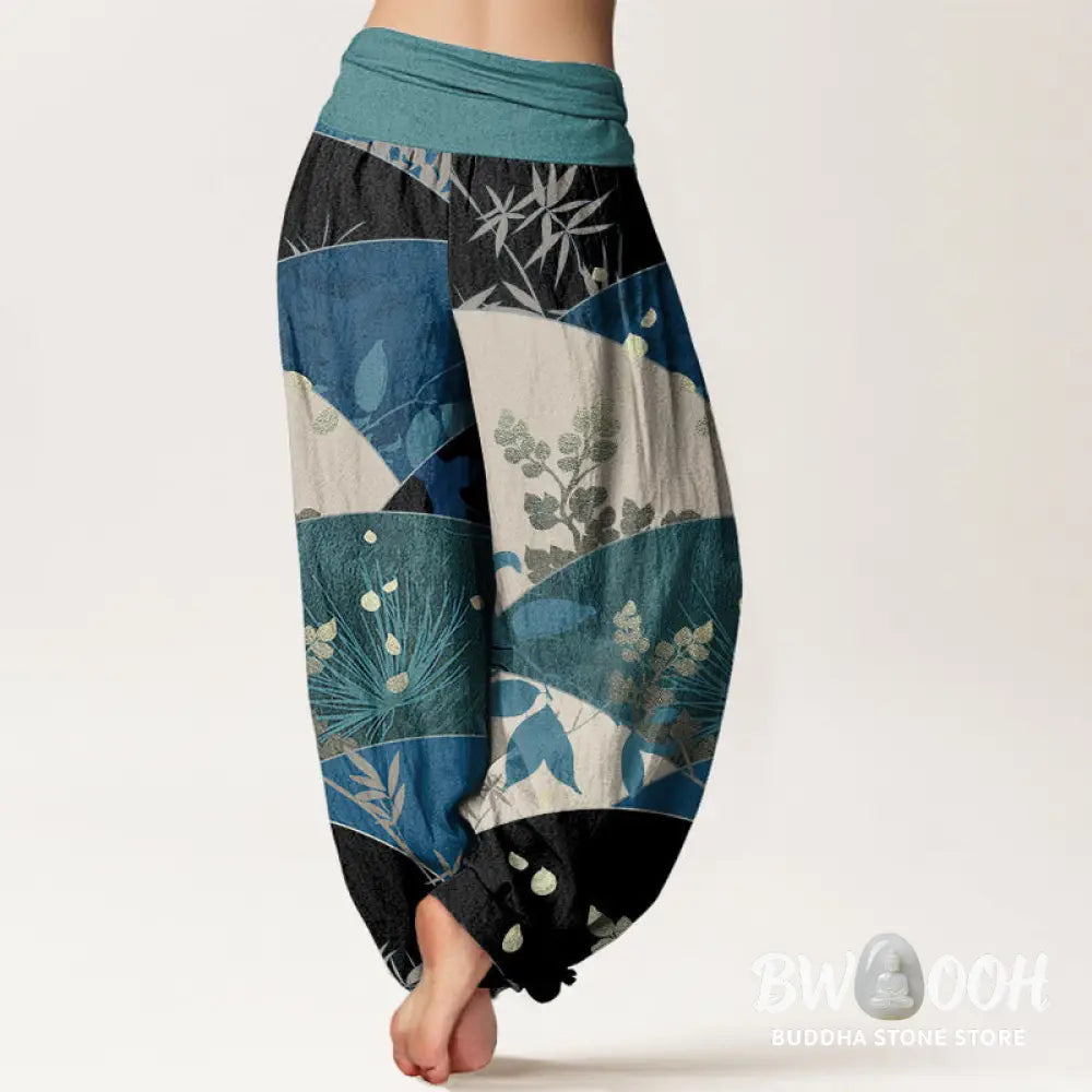 Buddha Stones Cotton Semicircle Leaves Pattern Women’s Elastic Waist Harem Pants - Women’s Harem Pants