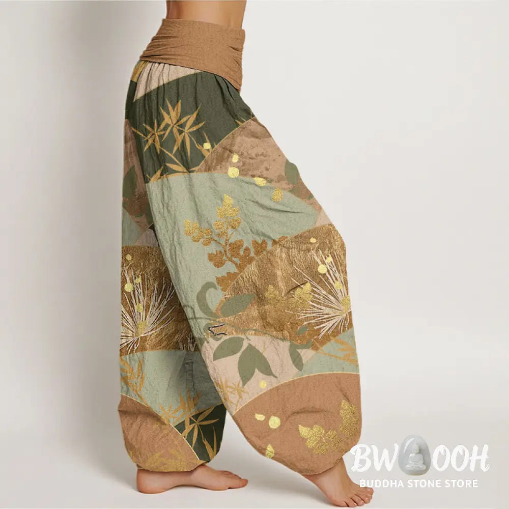 Buddha Stones Cotton Semicircle Leaves Pattern Women’s Elastic Waist Harem Pants - Women’s Harem Pants