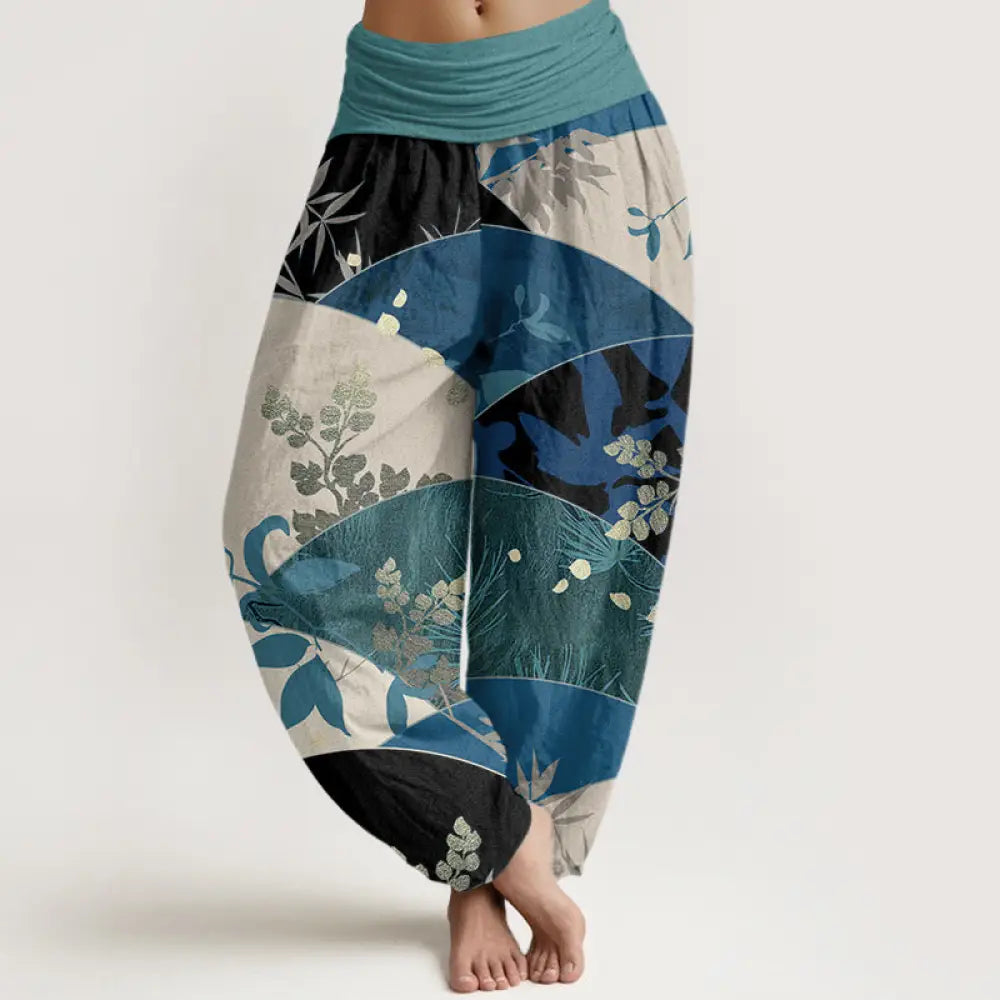 Buddha Stones Cotton Semicircle Leaves Pattern Women’s Elastic Waist Harem Pants - LightSeaGreen / US2，UK/AU6，EU34 (XS)
