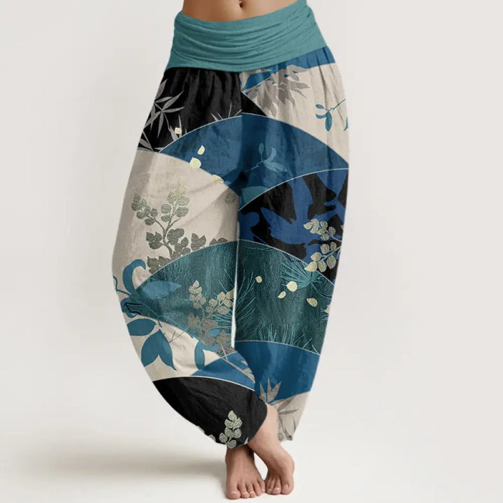 Buddha Stones Cotton Semicircle Leaves Pattern Women’s Elastic Waist Harem Pants - LightSeaGreen / US2，UK/AU6，EU34 (XS)