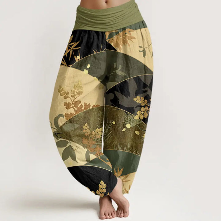 Buddha Stones Cotton Semicircle Leaves Pattern Women’s Elastic Waist Harem Pants - OliveDrab / US2，UK/AU6，EU34 (XS)