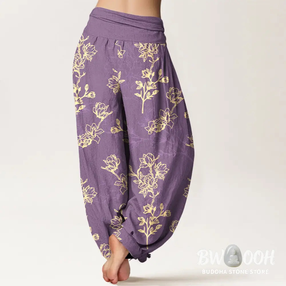 Buddha Stones Cotton Simple Flower Bud Pattern Women’s Elastic Waist Harem Pants - Women’s Harem Pants