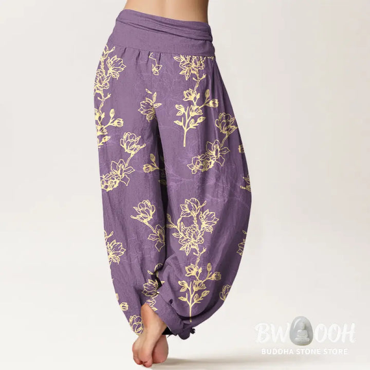 Buddha Stones Cotton Simple Flower Bud Pattern Women’s Elastic Waist Harem Pants - Women’s Harem Pants